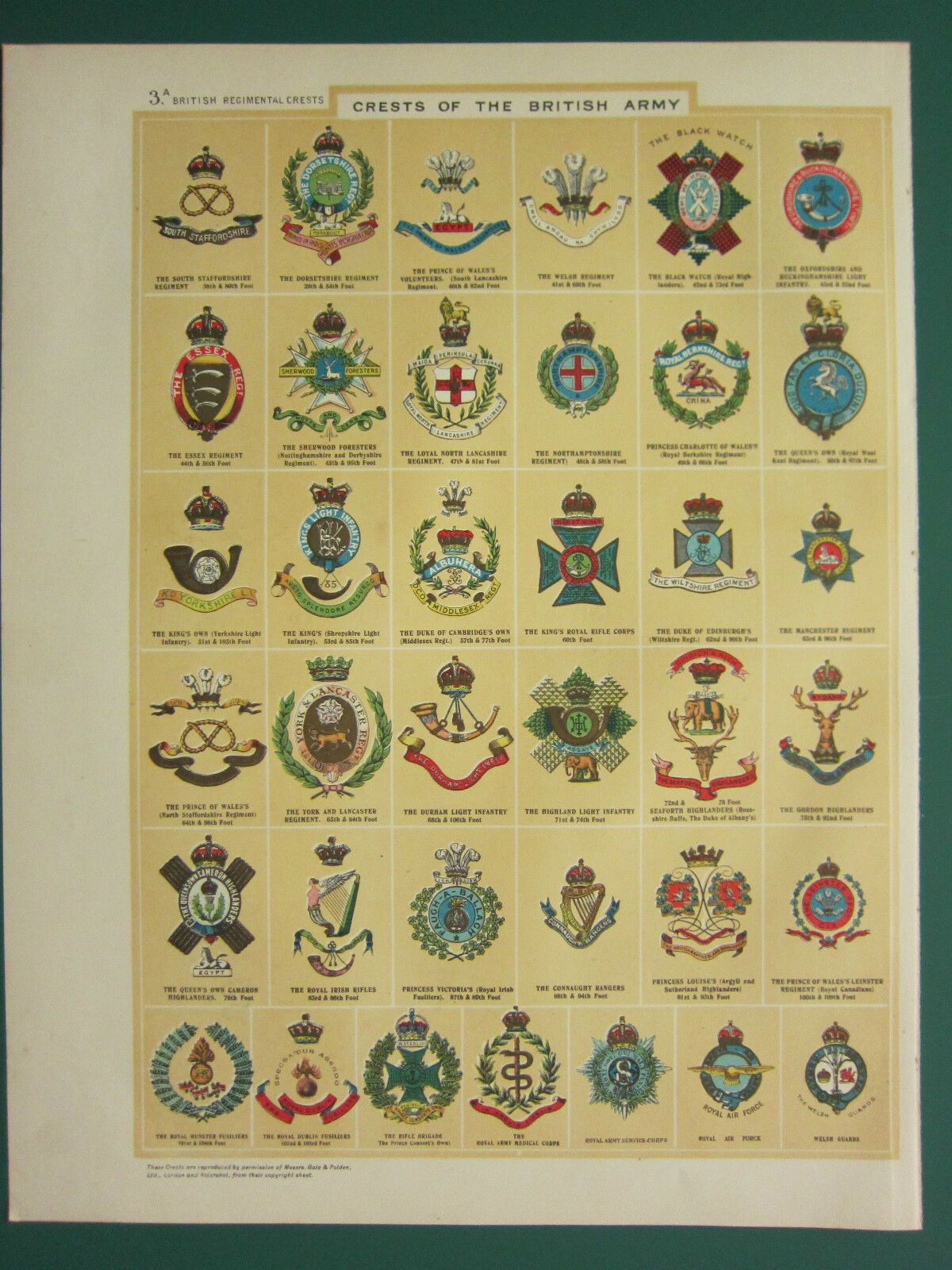 1920 Print ~ Regimental Crests Of British Army North Lancashire Volunteers Etc
