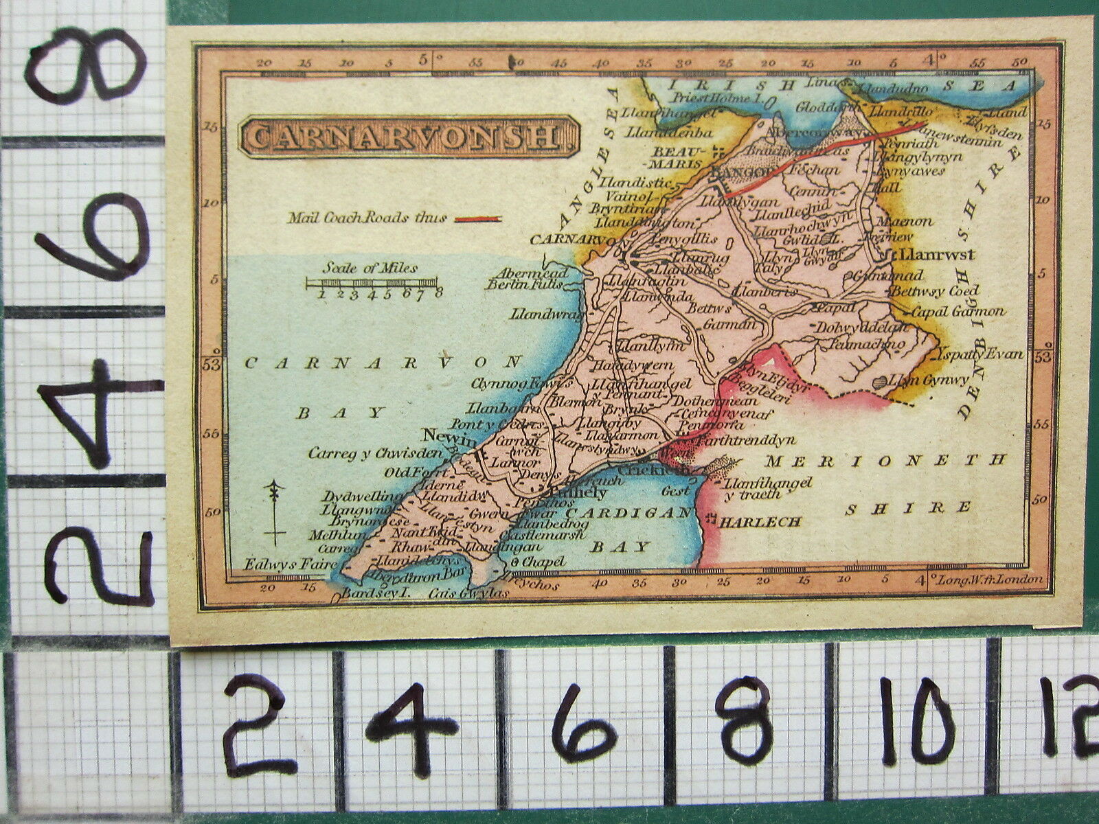 C1820 Georgian Hand Coloured Countymap ~ Carnarvonshire ~ Mail Coach Roads