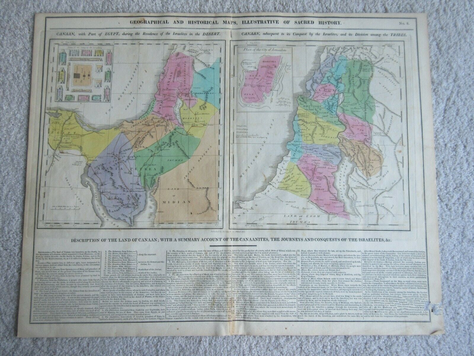Maps Of Canaan And Egypt (1820), With Historical Text Re Israelites, Handcolored