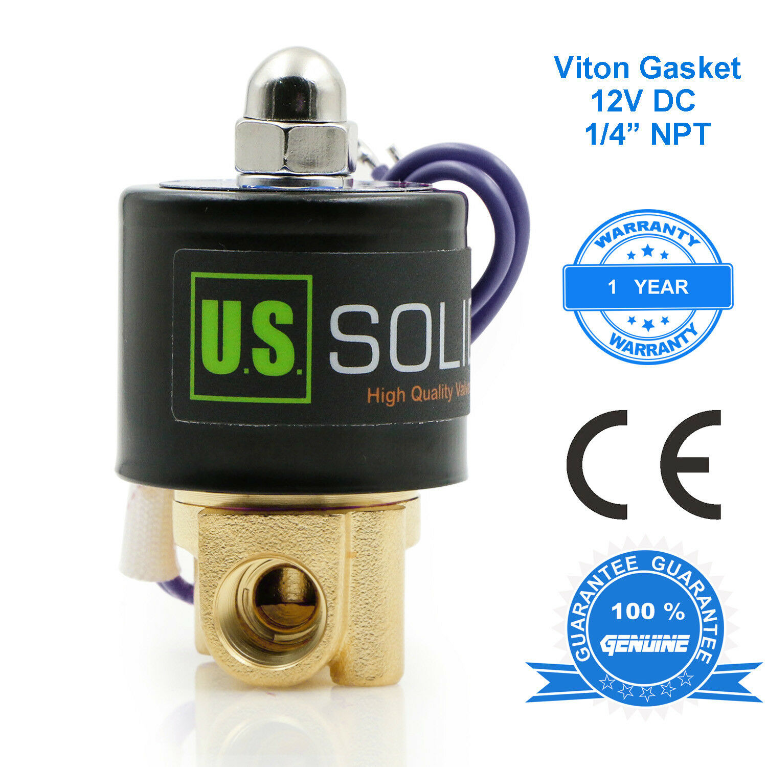 U.s. Solid 1/4" Brass Electric Solenoid Valve Dc 12v Viton Water Air Fuel N/c