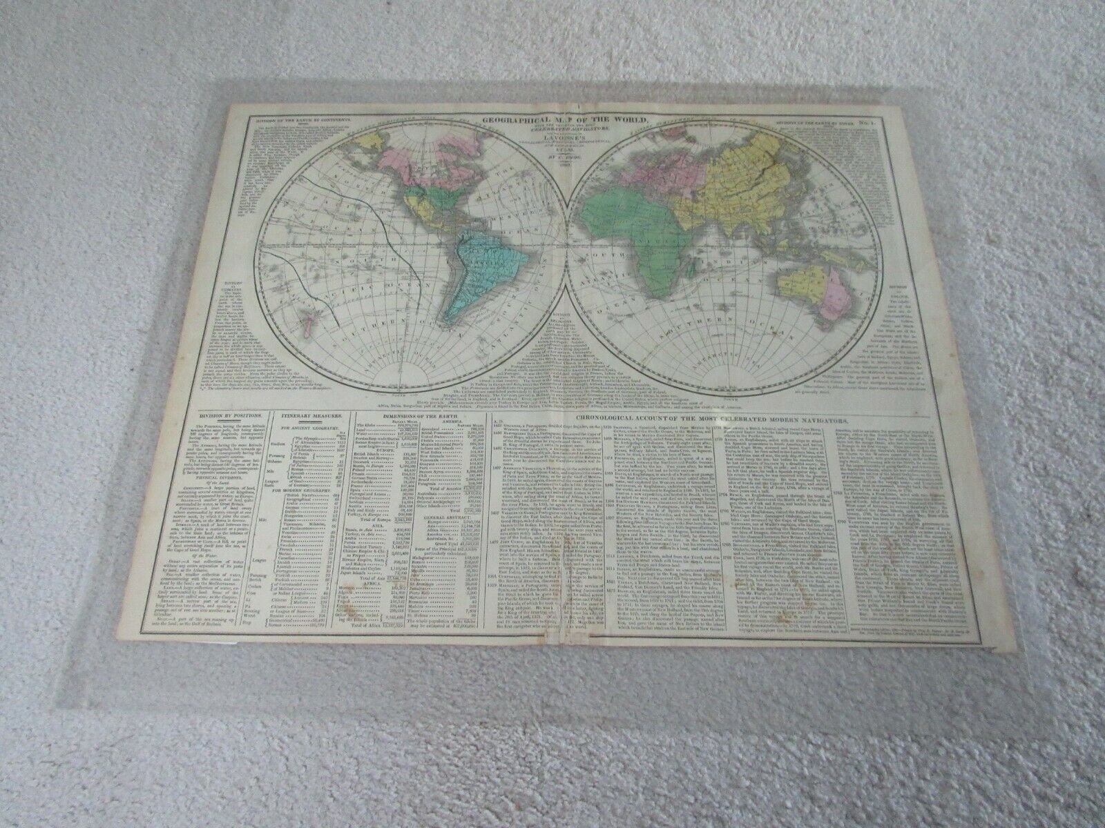Geographical Map Of The World (dated 1820), By C. Gros, Handcolored, Navigators