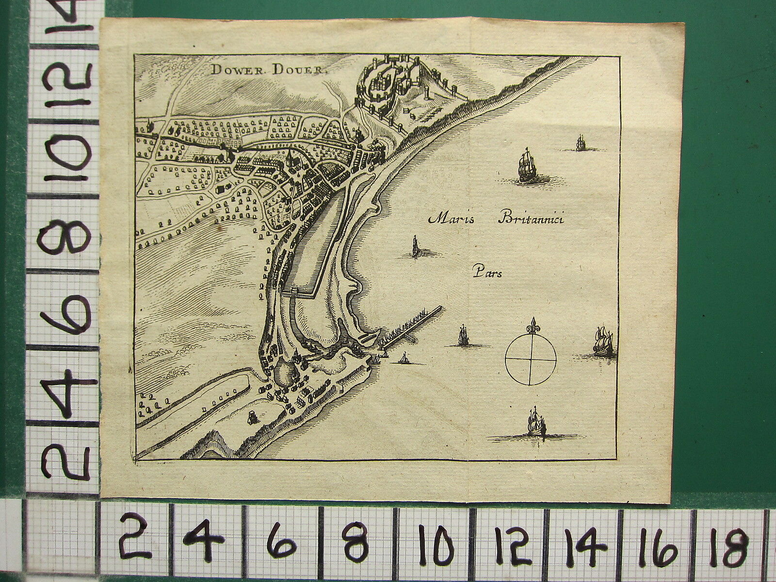 C1650 Antique Map ~ Dover (dower Douer) Harbour British Sea