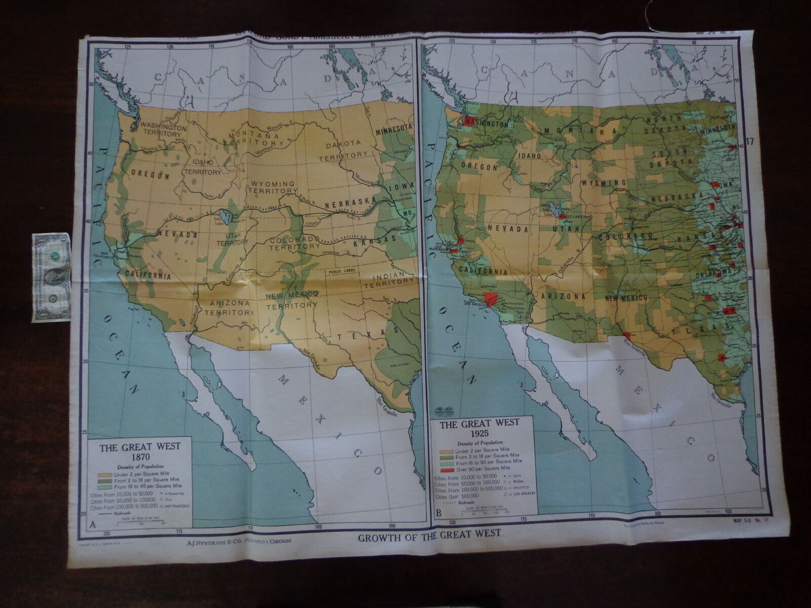 Vintage Large A J Nystrom Educational School Wall Map Growth Great West 3' By 4'