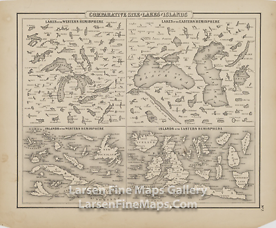 1857 Rare Map, Comparative Size Of Lakes And Islands