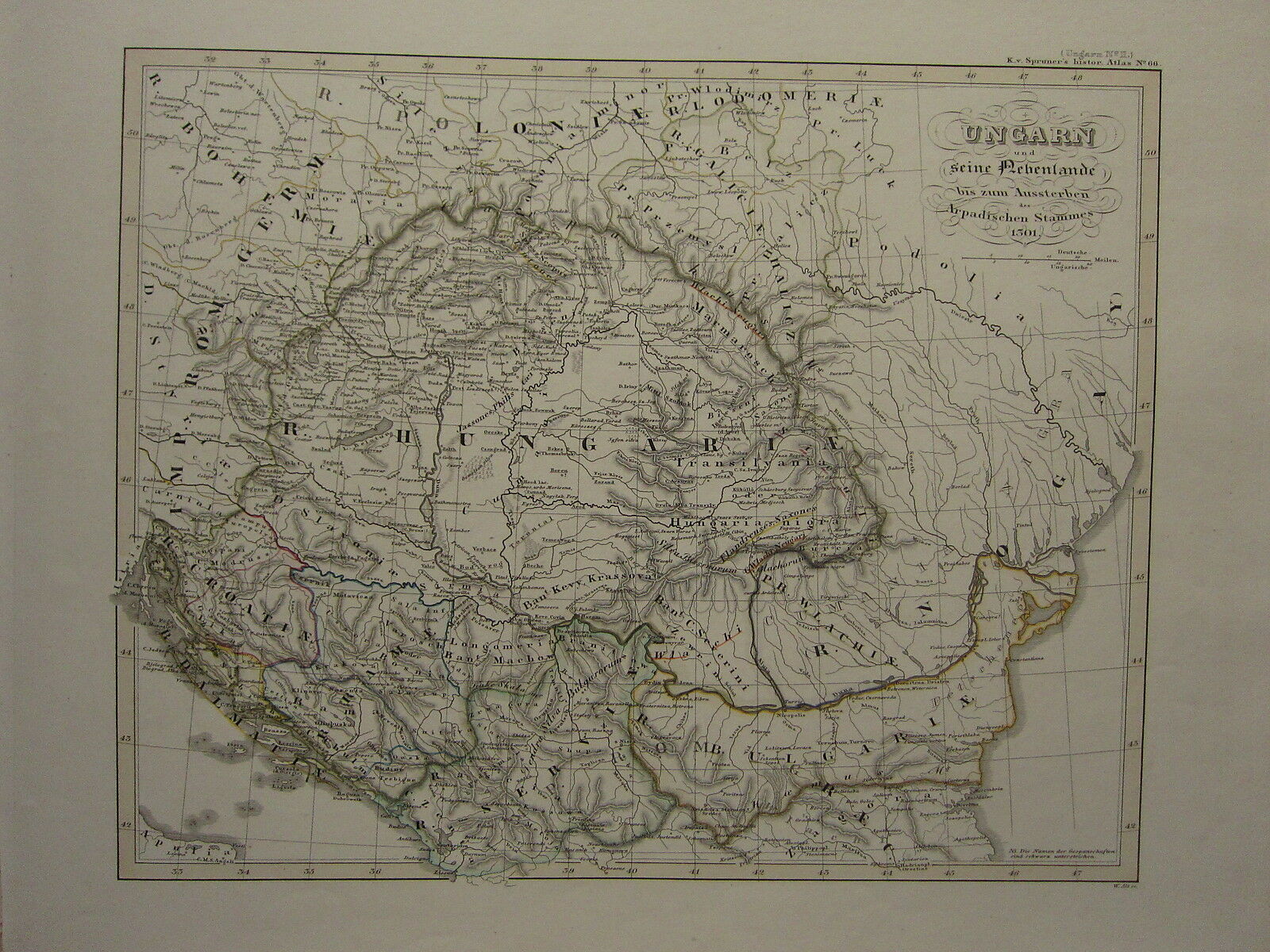 1846 Spruner Antique Historical Map ~ Hungary Extinction Arpadischen Tribe 1301